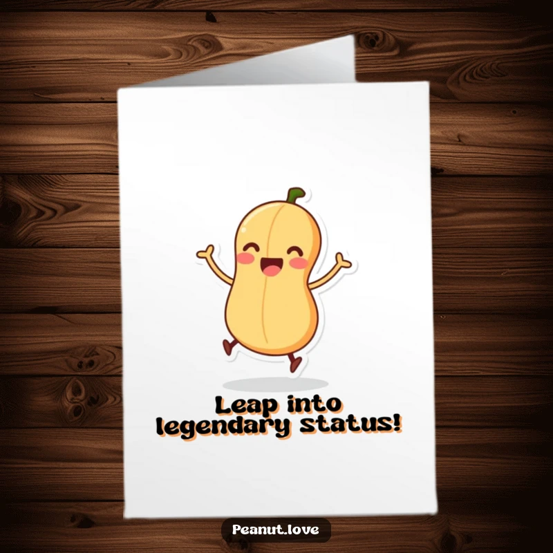 Funny Free Printable Congratulations Card: Excited peanut character about to jump, legs wiggling with pure delight and celebration.