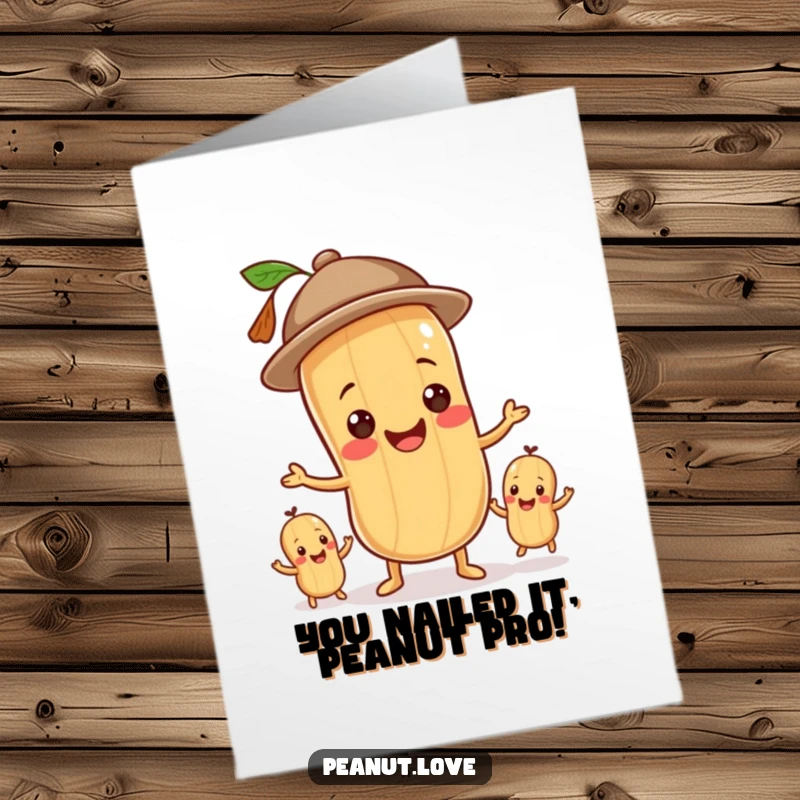 Funny Free Printable Congratulations Card: Peanut cheerfully juggling smaller peanuts, hat on, celebrating success with a big smile.