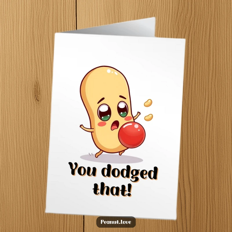 Funny Free Printable Congratulations Card: Surprised peanut character with wide eyes, comically dodging a giant jelly bean, celebrating an unexpected achievement.
