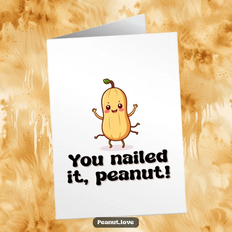 Free Printable Congratulations Card: A delighted kawaii peanut character with roots for legs performs a silly celebratory dance.