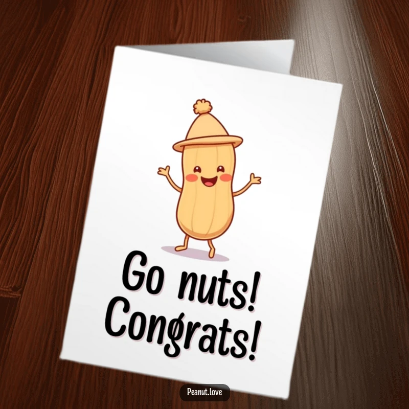 Funny Free Printable Congrats Card: A cheerful peanut character in a hat does a happy jig.
