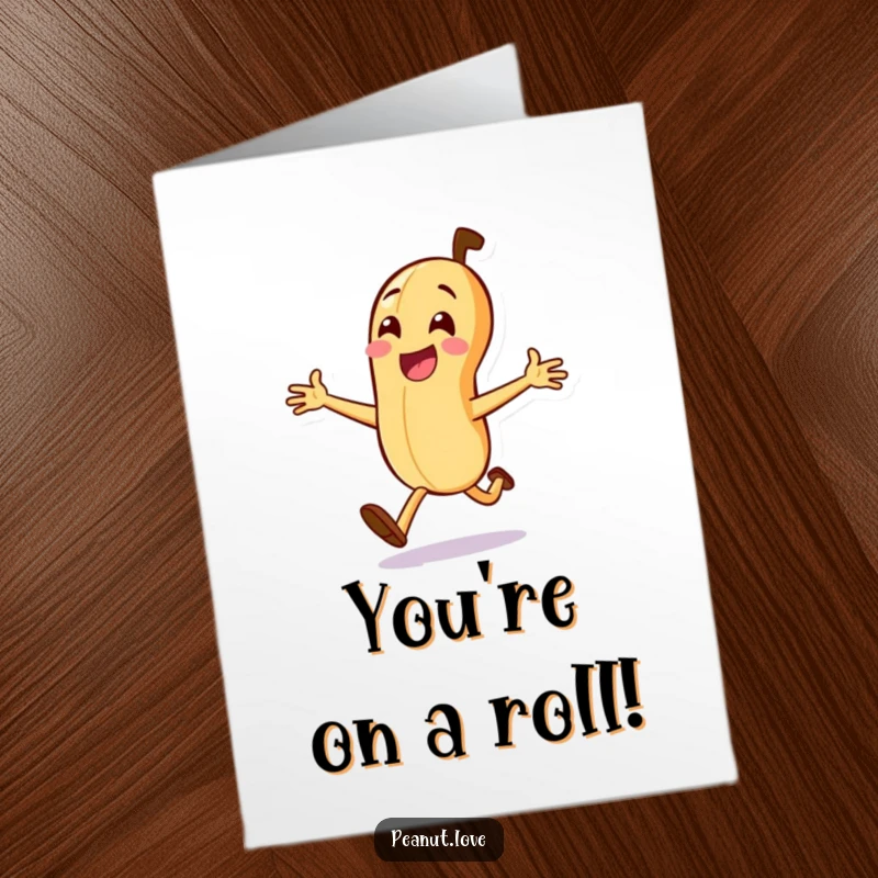 Funny Free Printable Congrats Card: A peanut character runs with excitement, arms outstretched, celebrating a successful chase and a big win.