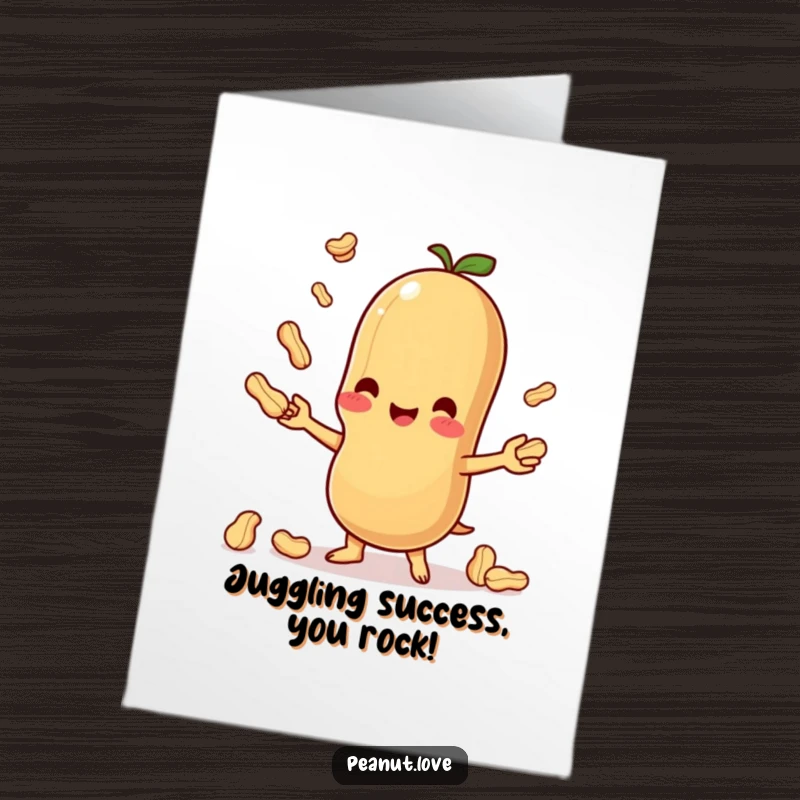 Funny Free Printable Congratulations Card: A Kawaii peanut happily juggling smaller peanuts, celebrating success with flair.