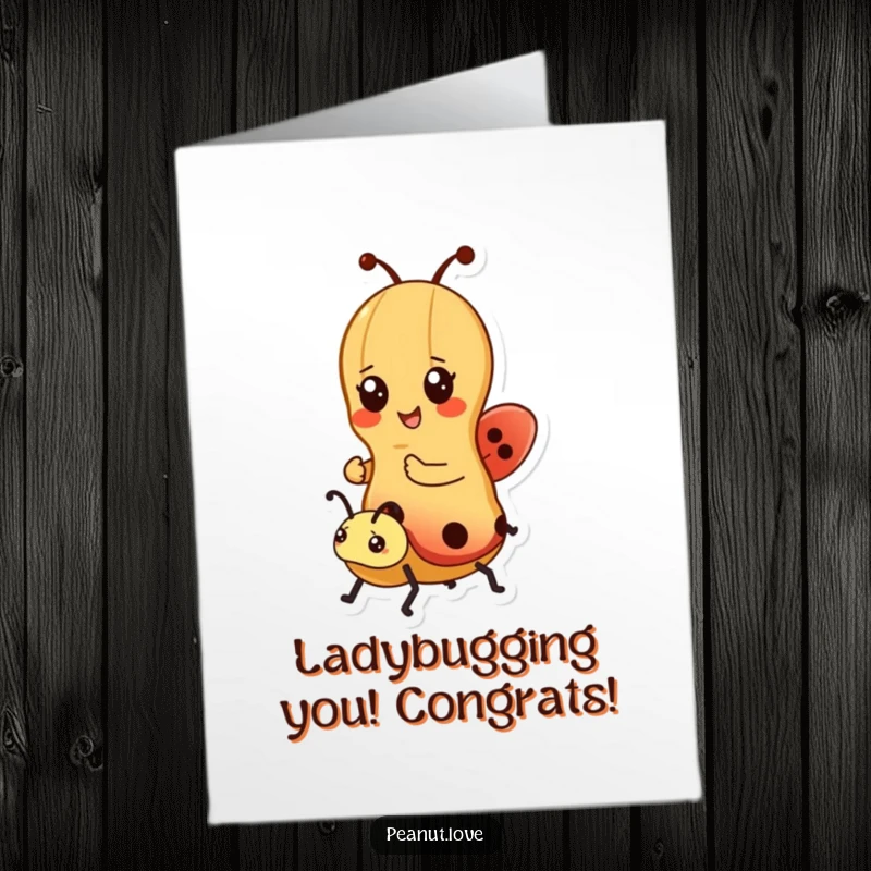 Funny Free Printable Congrats Card: A Kawaii peanut cheerfully riding a ladybug, symbolizing a happy journey to success.