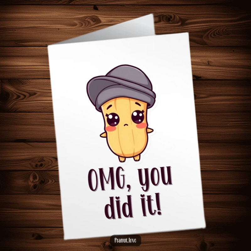 Funny Free Printable Congrats Card: A cute kawaii peanut shows extreme surprise with wide, popping eyes. Perfect for shocking news.