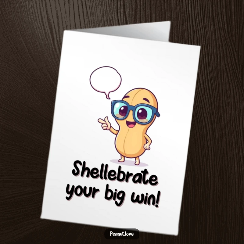 Funny Free Printable Congratulations Card: Peanut with Glasses Enthusiastically Points at Thought Bubble, Signaling a Great Achievement.