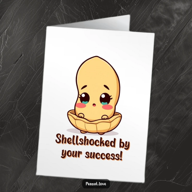 Funny Free Printable surprised peanut character peeking out from its shell, reacting to wonderful news. Hilarious congratulations.