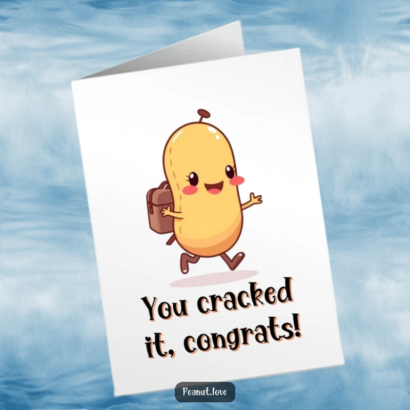 Funny Free Printable Congrats Card: Happy anthropomorphic peanut character joyfully skipping with a small backpack, celebrating a successful milestone.