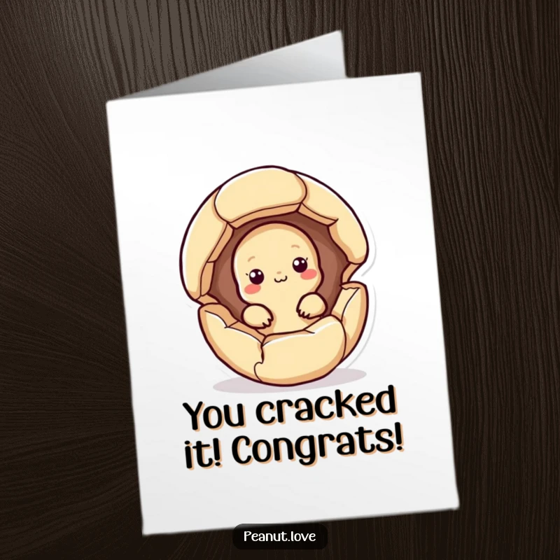 Funny Free Printable Congrats Card: Cute Kawaii peanut peeking from a cracked shell, symbolizing new beginnings and successes.
