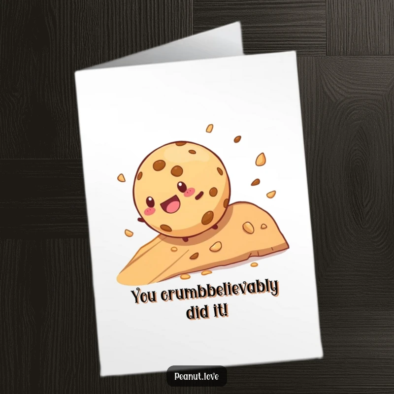 Funny Free Printable Congratulations Card: A round cookie with a smile rolls down a hill, spreading crumbs of happiness.