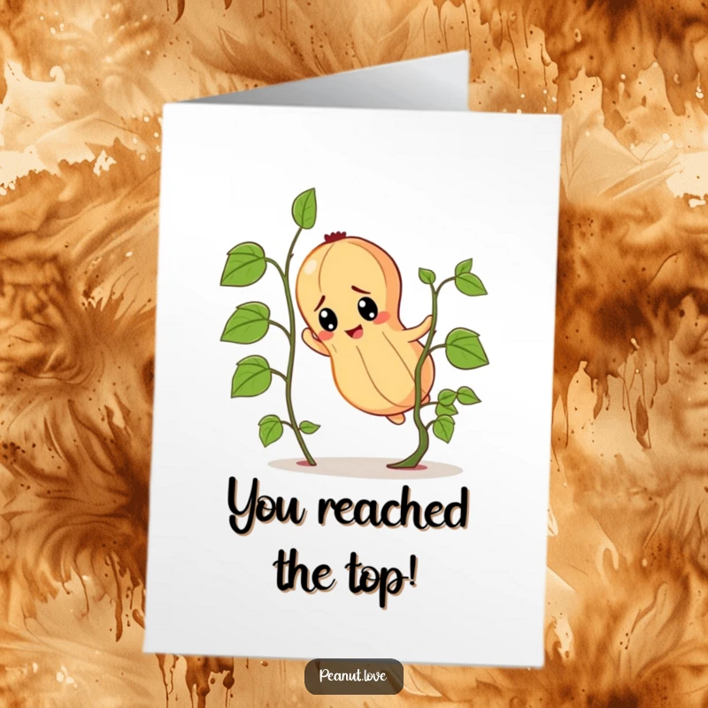 Funny Free Printable Congratulations Card: Determined peanut character scaling a tiny vine, symbolizing reaching new heights of success.