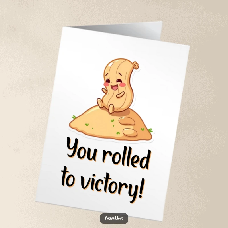 Funny Free Printable giggling peanut character enthusiastically rolling down a hill, celebrating success. Hilarious congratulations.