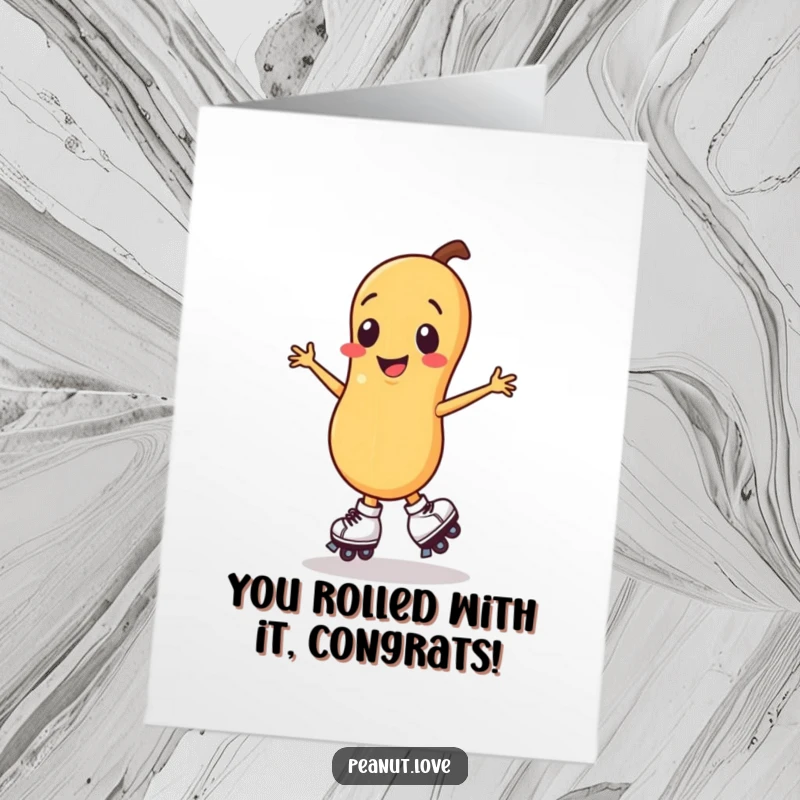 Free Printable Congratulations Card: A smiling peanut character on roller skates doing a celebratory spin, showing off their winning moves.