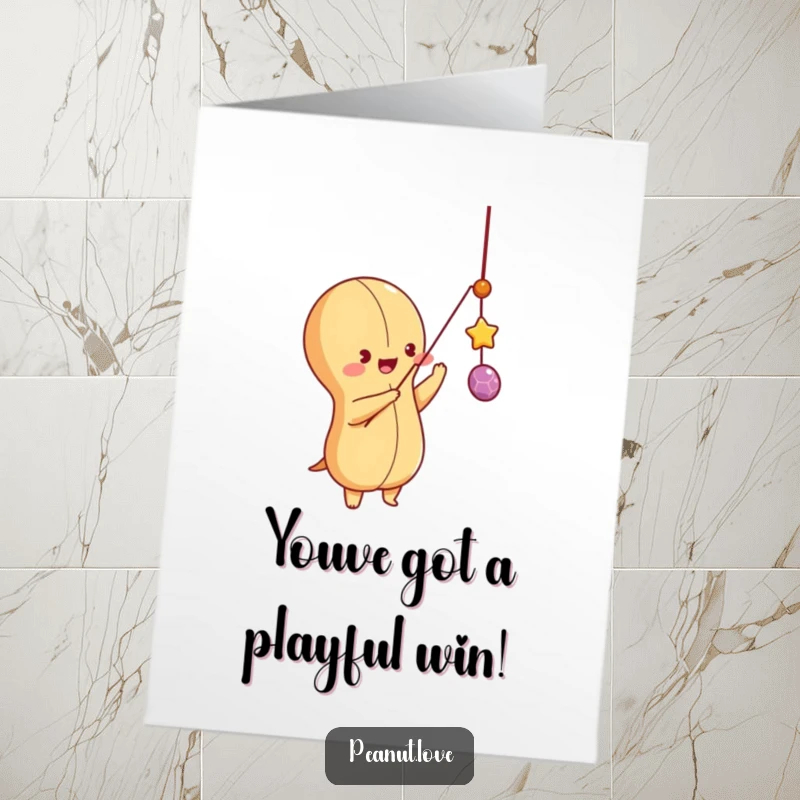 Funny Free Printable playful peanut character batting at a string, celebrating success with playful energy. Hilarious congratulations.