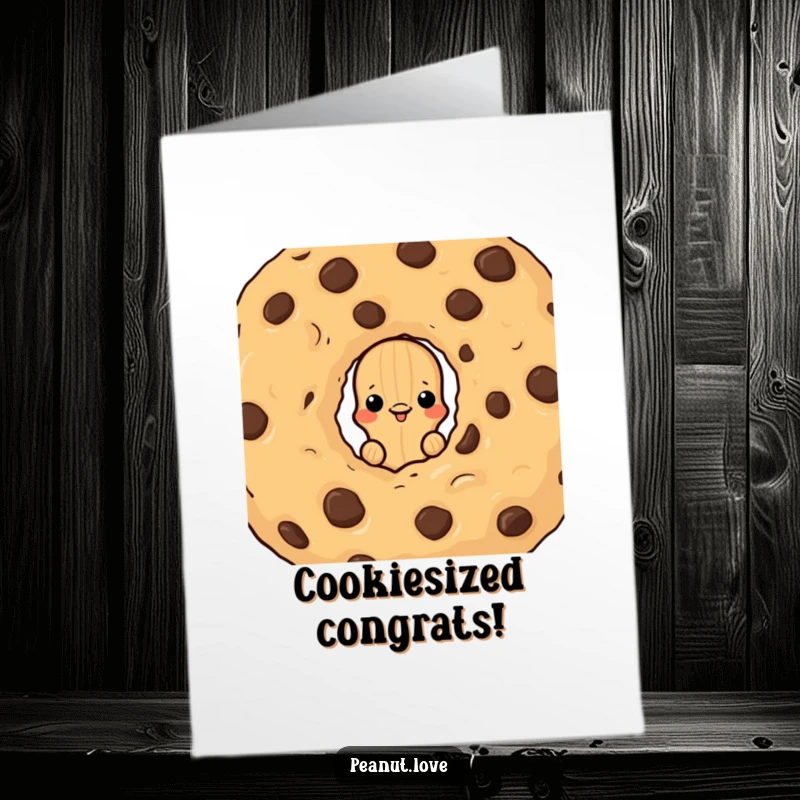 Funny Free Printable Congrats Card: Peanut character peeking from behind a giant cookie, celebrating success with a sweet surprise, DIY art.