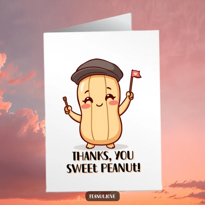 Funny Free Printable Thank You Card featuring a cute peanut character blushing and waving a small flag, expressing thanks, DIY gift.