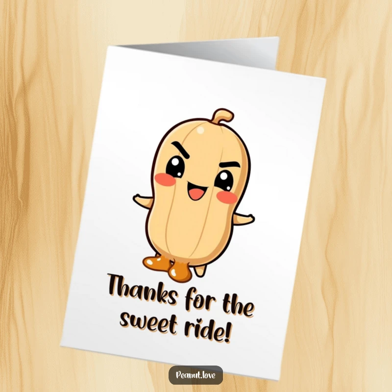 Funny free printable thank you card with a peanut character mischievously sliding down a caramel swirl, sweetening the gratitude.