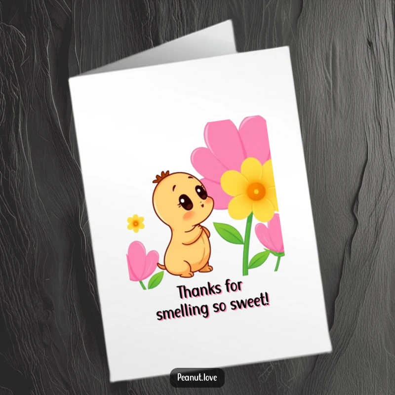 Funny Free Printable Thank You Card depicting a curious peanut character examining a beautiful, colorful flower with great interest.