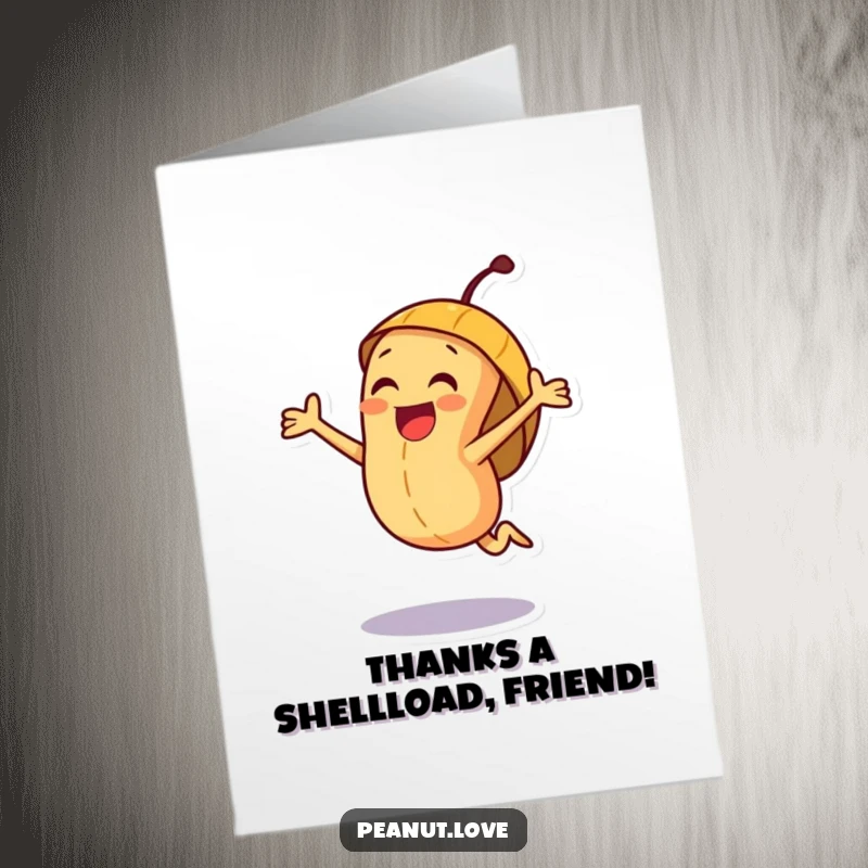 Funny Free Printable Thank You Card: Joyful peanut character jumping excitedly inside a shell, expressing heartfelt thanks.