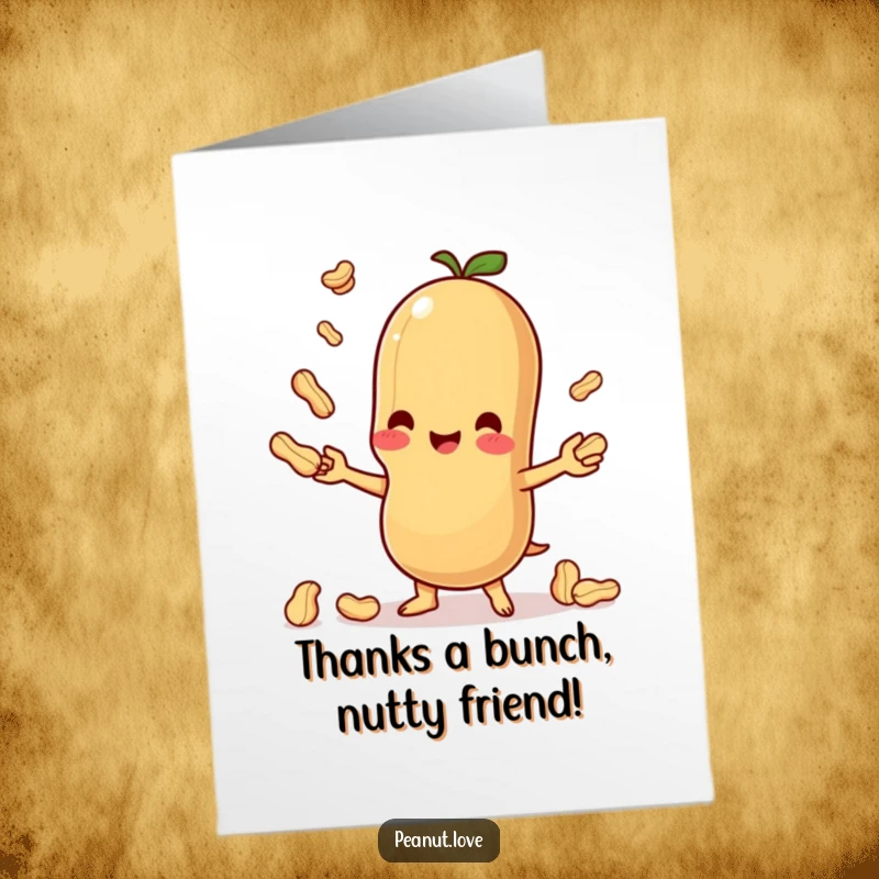 Funny Free Printable Thank You Card: An anthropomorphic Kawaii peanut happily juggling tiny peanuts, expressing thanks.