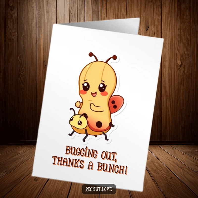 Funny Free Printable Thank You Card: A smiling Kawaii peanut riding a ladybug, delivering thanks with a cheerful adventure.