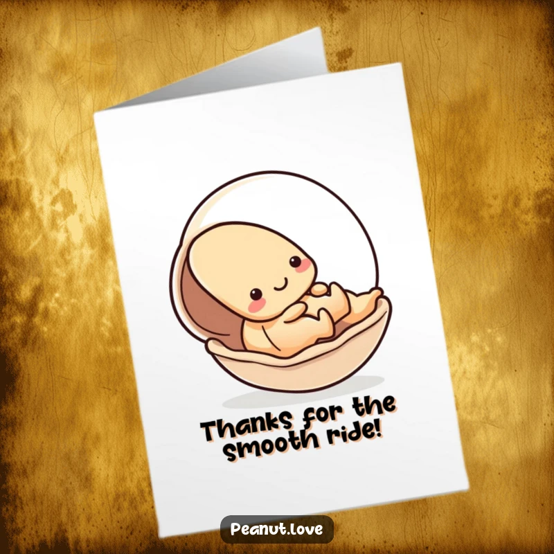 Funny Free Printable Thank You Card: A happy Kawaii peanut sliding down a shell, conveying thanks with a playful spirit.