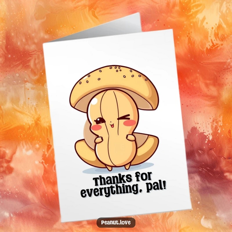 Funny Free Printable Thank You Card: mischievous peanut peeking from behind a giant donut, winking cheekily.