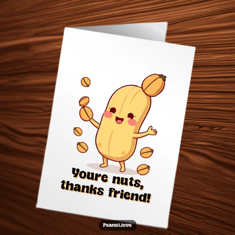 Funny Free Printable Thank You Card: Playful peanut character joyfully juggles nuts, sending a delightful thank you message.