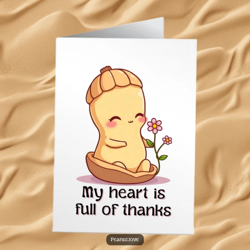 Funny Free Printable Thank You Card: A shy peanut character peeking out from its shell, offering a delicate flower as a token of thanks.
