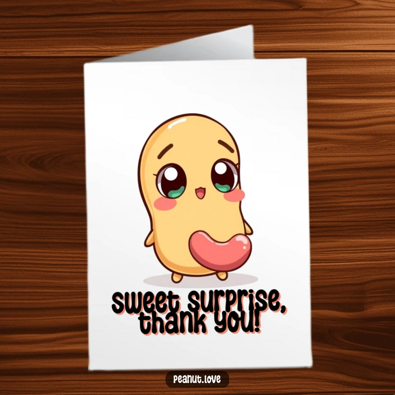 Funny Free Printable Thank You Card: Peanut character with wide eyes surprised by a falling jellybean, expressing thanks, DIY gift.