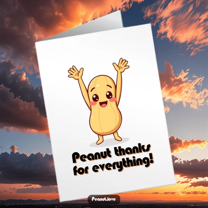Funny Free Printable Thank You Card: A peanut character in a hilarious, arms-up pose, expressing sheer delight.