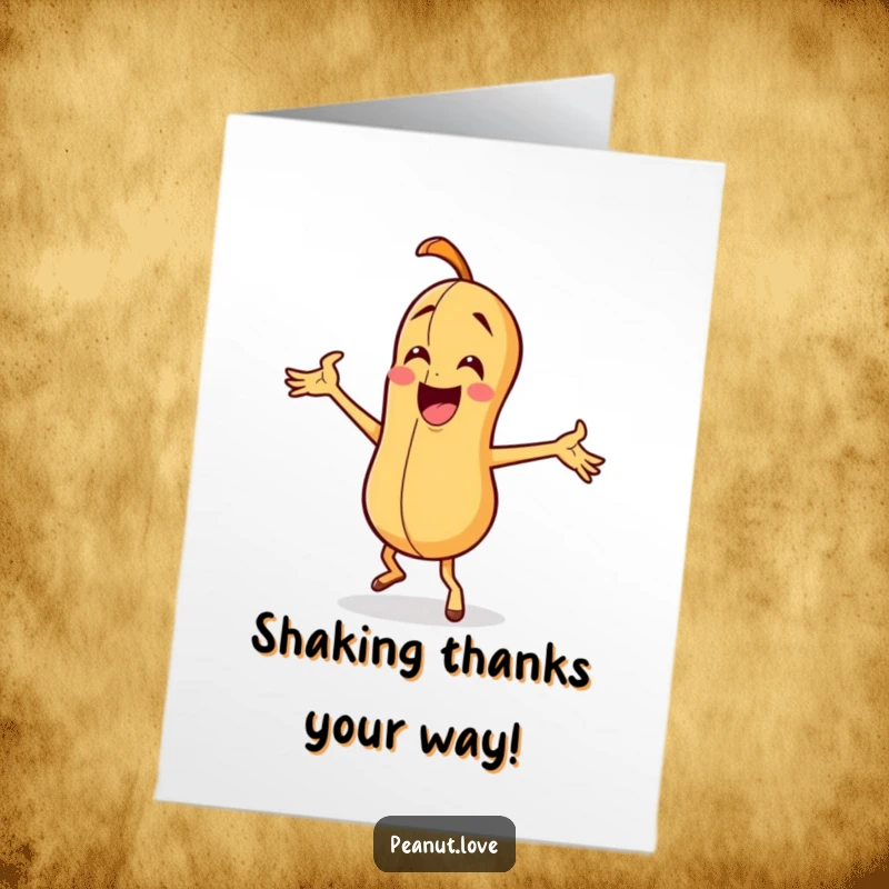 Funny Free Printable Thank You Card: A peanut character doing a quirky, silly dance with arms flailing expressively, conveying thanks.