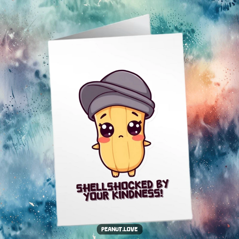 Funny Free Printable Thank You Card: A kawaii peanut character stares with wide, popped eyes in a state of humorous surprise.