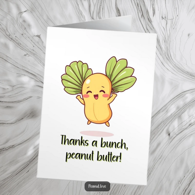 Funny Free Printable Thank You Card with a determined peanut character flying with fan leaves, expressing thanks, DIY gift.