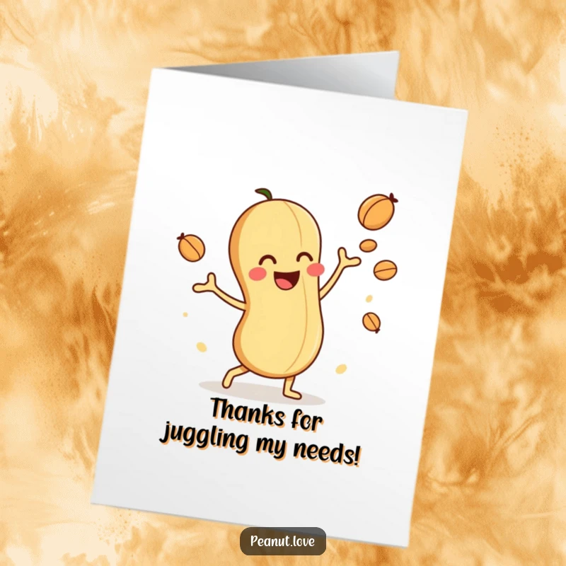Funny Free Printable Thank You Card: A happy peanut character juggling nuts, showing thanks with delight.