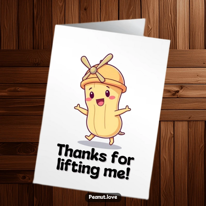 Funny Free Printable Thank You Card: A peanut character sporting a propeller hat comically tries to fly, conveying thanks.