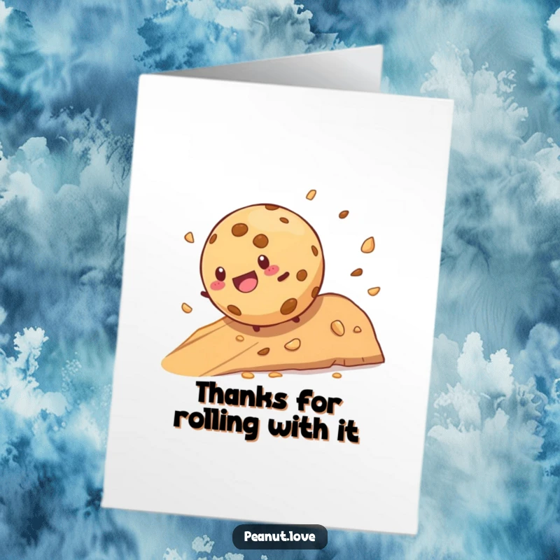 Funny Free Printable Thank You Card: A joyful cookie character tumbles down a hill, scattering crumbs as a thank you.