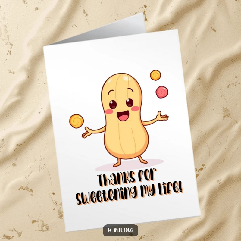 Funny free printable thank you card with a cheerful peanut character juggling candy pieces, conveying sweet gratitude.