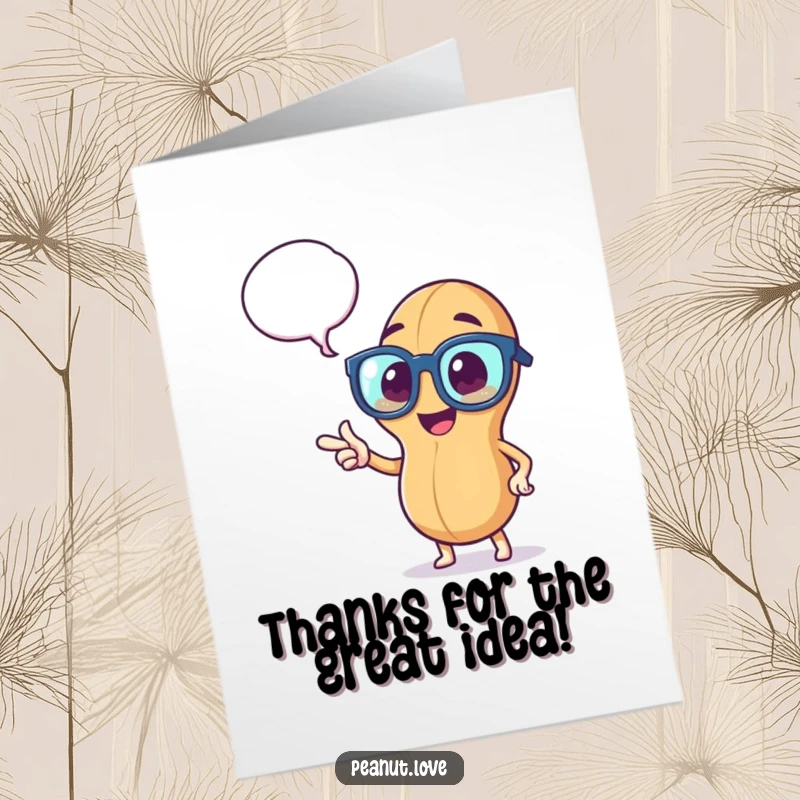 Funny Free Printable Thank You Card: Peanut in Glasses Points to Thought Bubble, Symbolizing a Smart and Heartfelt Thank You.