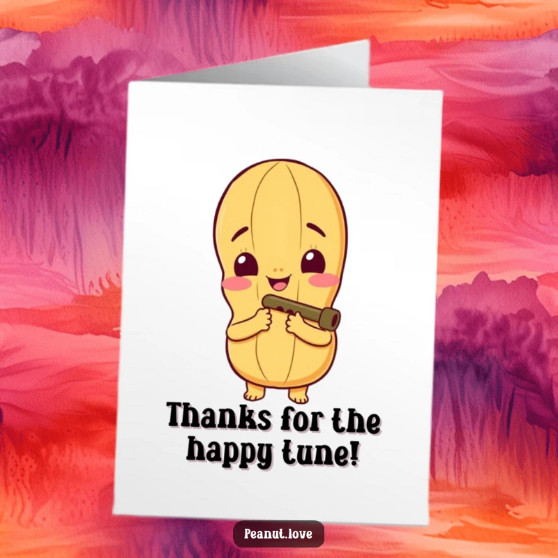 Funny free printable thank you card featuring a peanut character with a wide smile playing a tiny kazoo, expressing thanks musically.