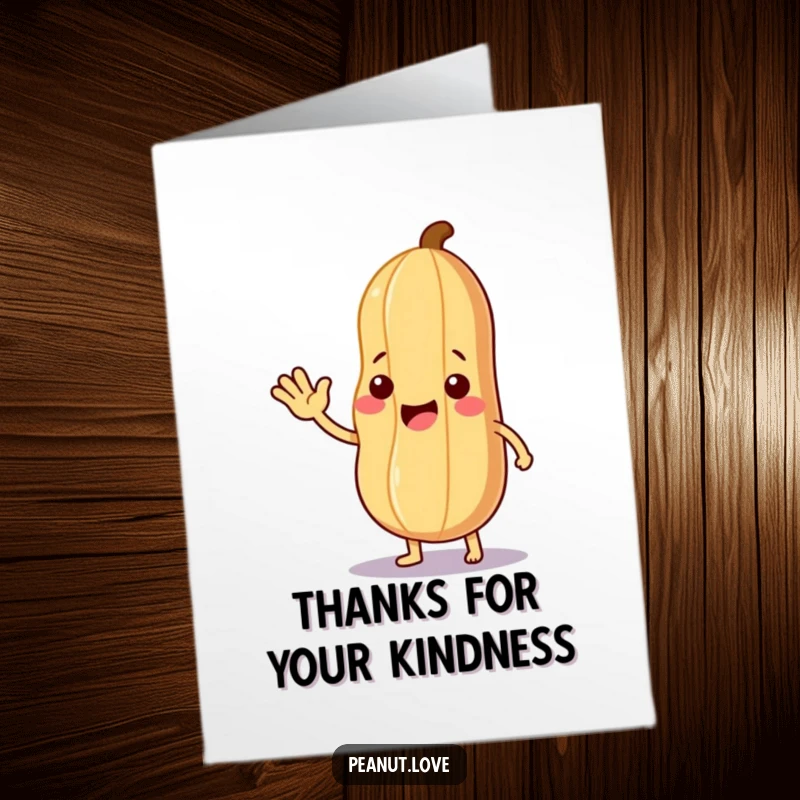 Funny Free Printable Thank You Card: A smiling peanut offers a tiny edible leaf, a cute and natural way to express gratitude.