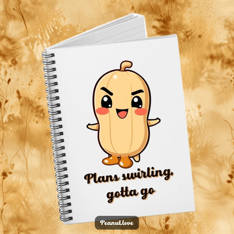Funny Notebook featuring a Peanut Character's Mischievous Grin Sliding Down a Caramel Swirl, Inspiring Adventurous Notes