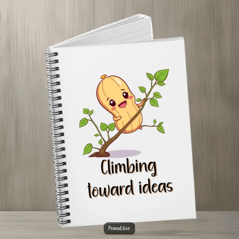 Funny notebook with a determined peanut character climbing a tiny vine, ideal for recording nutty goals and plans.