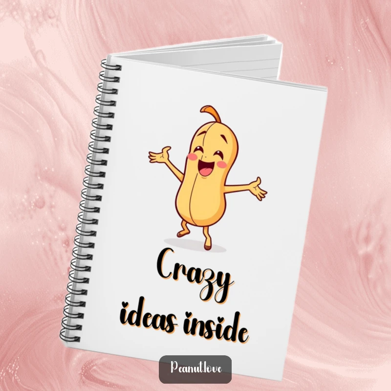 Funny peanut character dancing with exaggerated arm waves, printed on a notebook for energetic note-taking.