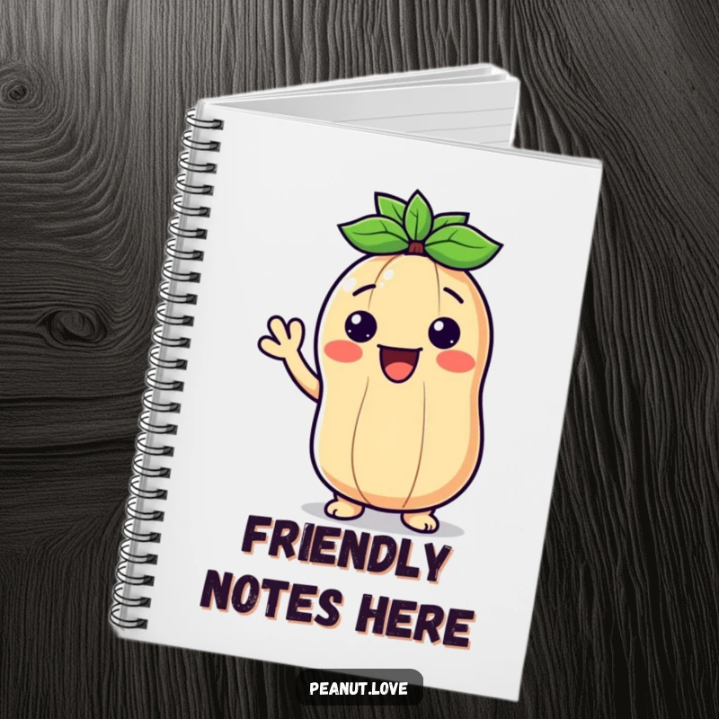 Funny notebook featuring a smiling Kawaii peanut character waving hello, designed for journaling and capturing happy thoughts.