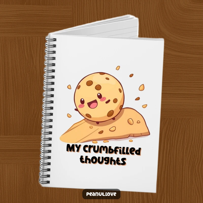 Funny cookie character joyfully rolling down a crumb-filled hill on a humorous notebook, perfect for writing.