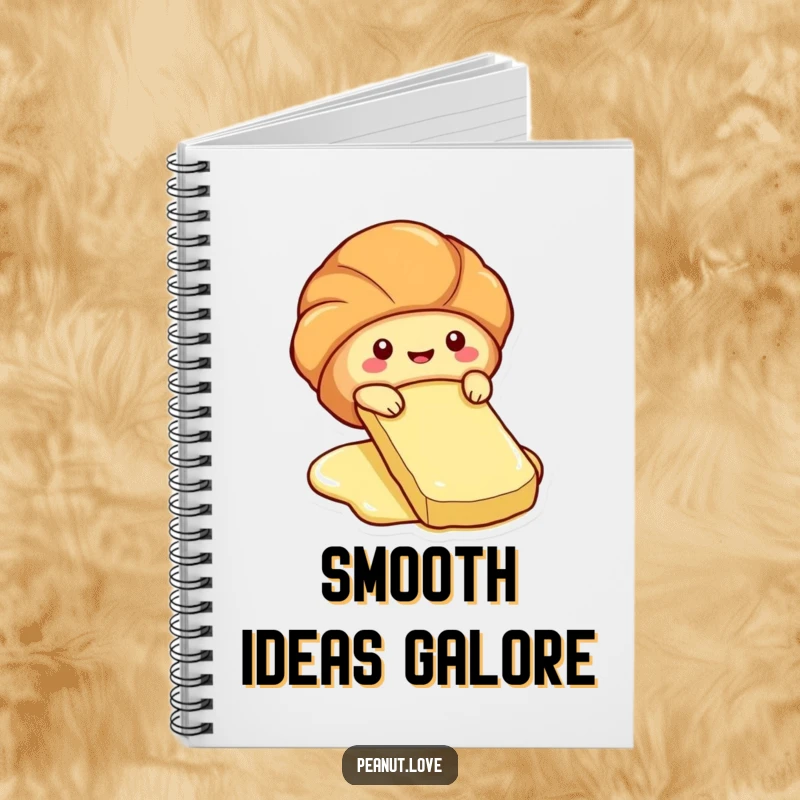 Funny notebook featuring a cute croissant character sliding down a butter pat.