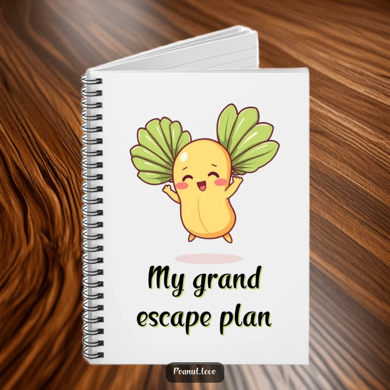 Funny notebook with a determined peanut character attempting flight using fan leaves, ideal for jotting down humorous thoughts.