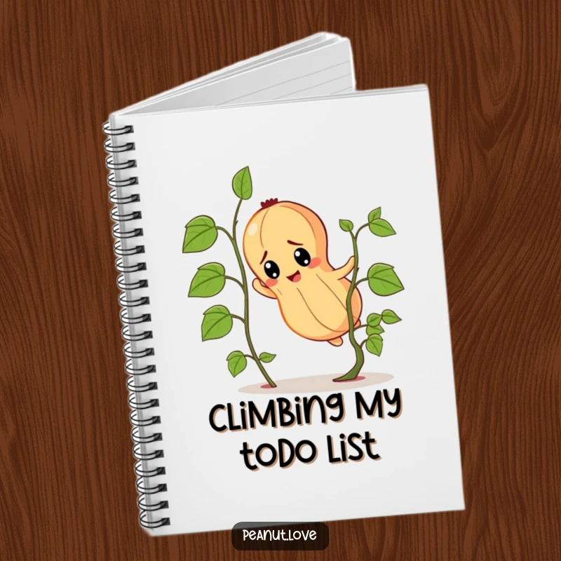 Funny determined peanut character notebook cover, illustrated climbing a tiny vine with unwavering focus.