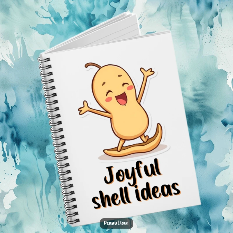 Funny notebook with a joyful peanut character jumping with excitement in its shell, ideal for recording happy thoughts and nutty plans.
